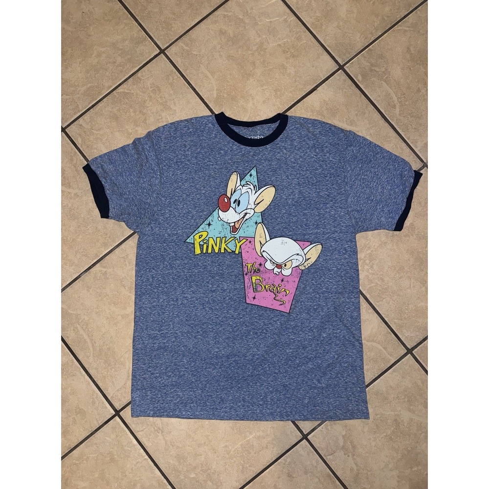 Pinky and The Brain Cartoon T-Shirt Large Blue Heather Ringer 90s Style